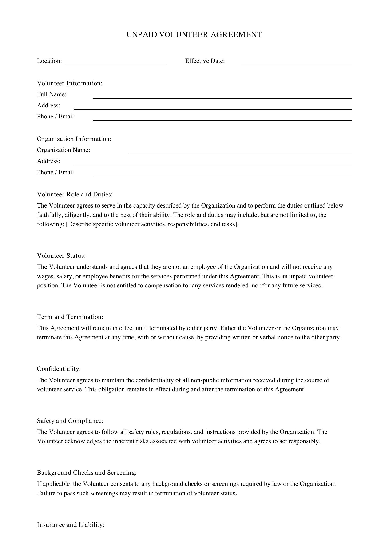 Unpaid Volunteer Agreement Template - US