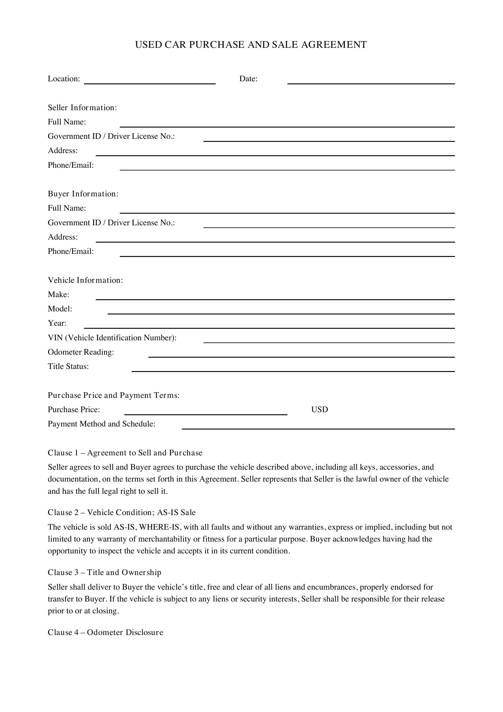Used Car Agreement Template - US