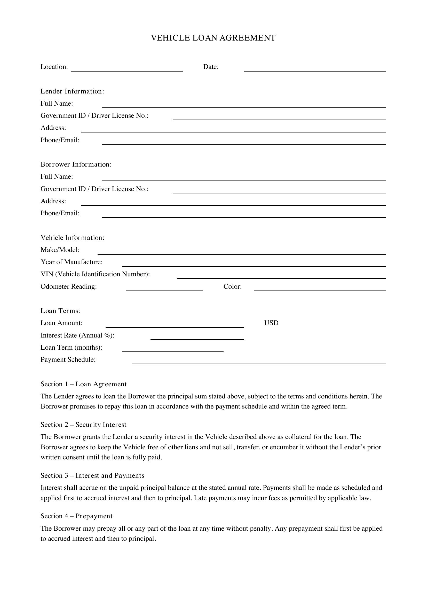 Vehicle Loan Agreement Template - US