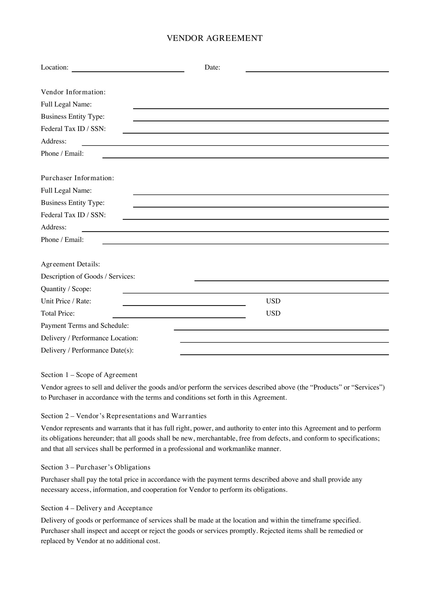 Vendor Agreement Template - US