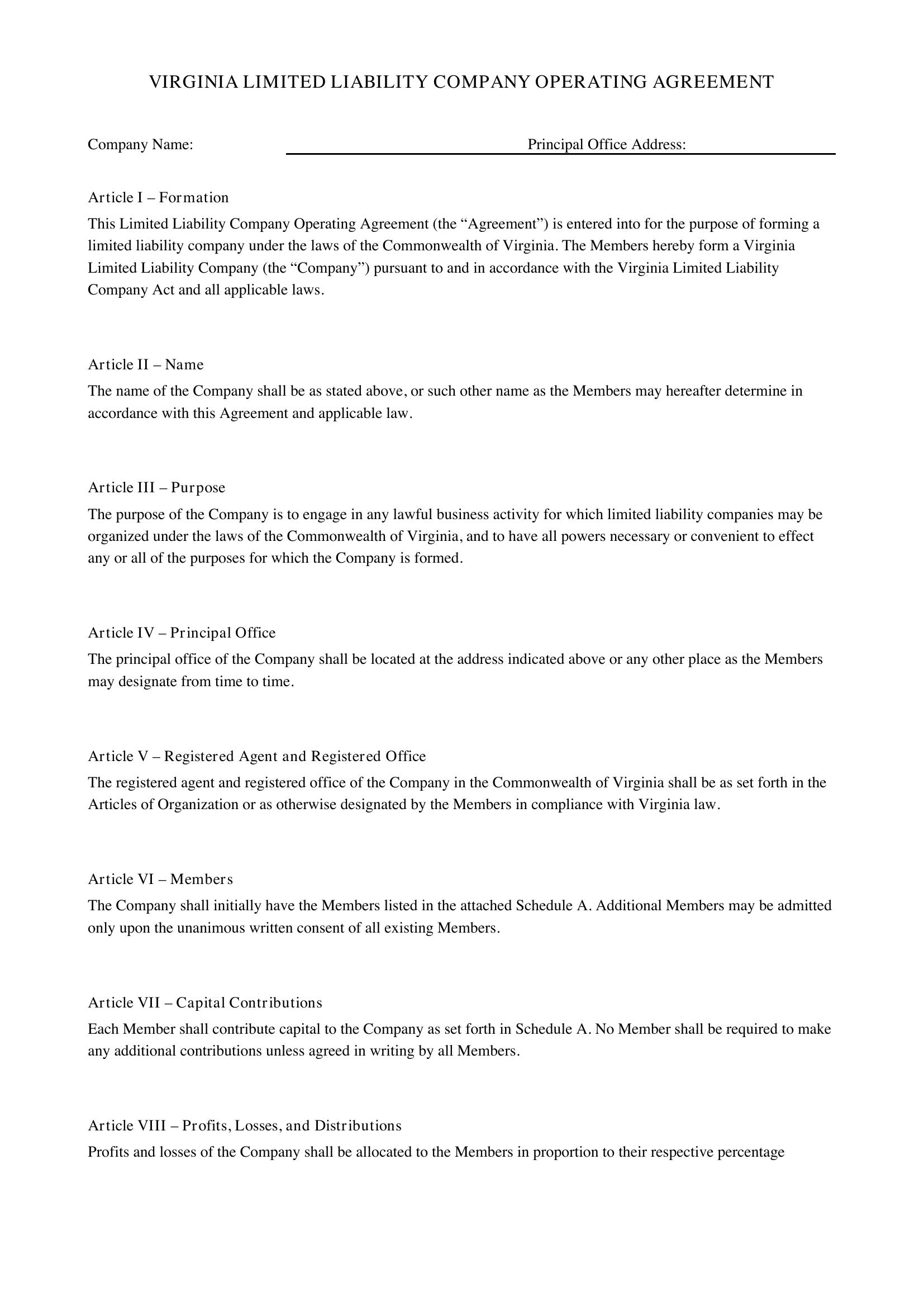 Virginia Llc Operating Agreement Template - US