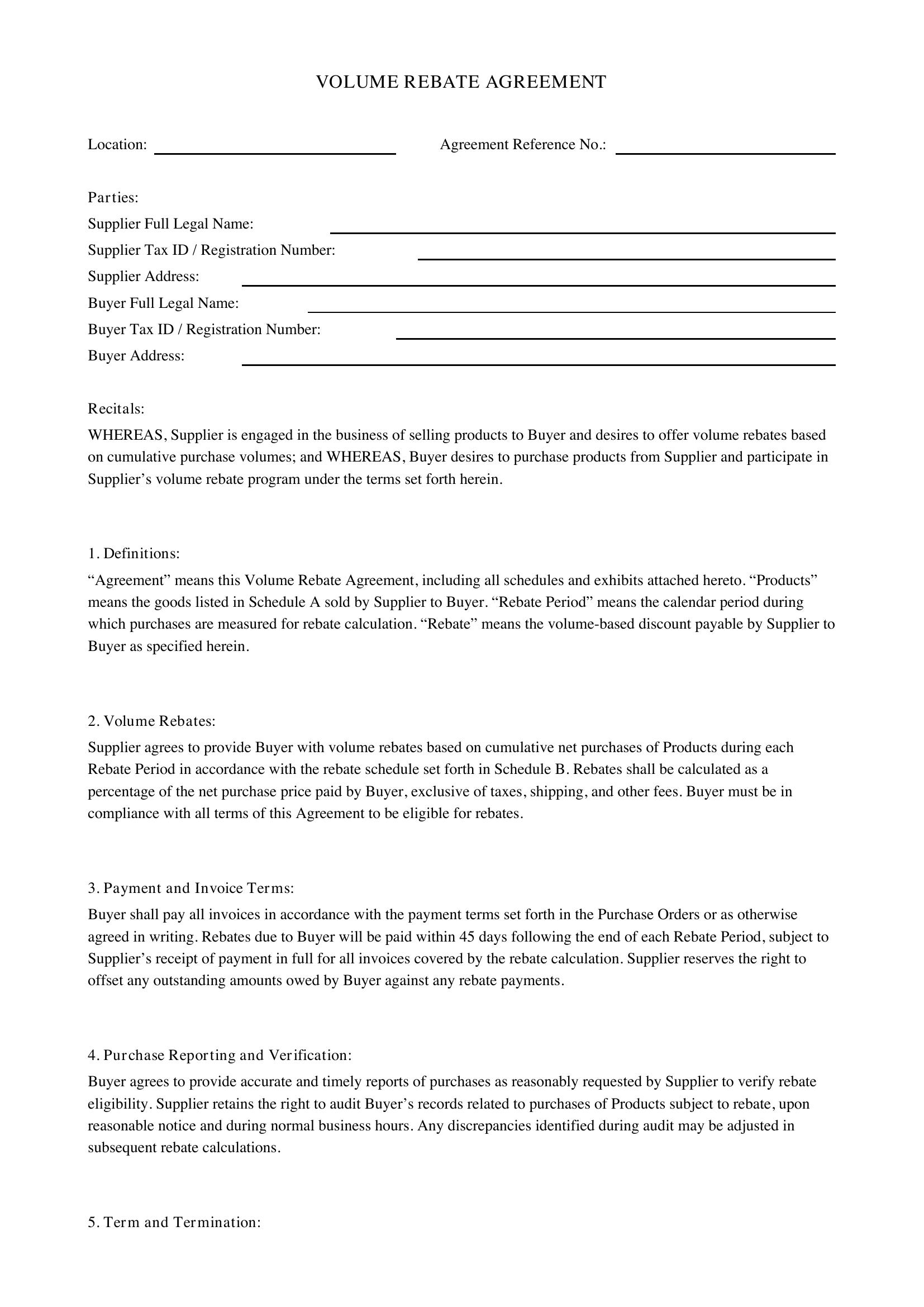 Volume Rebate Agreement Template - US