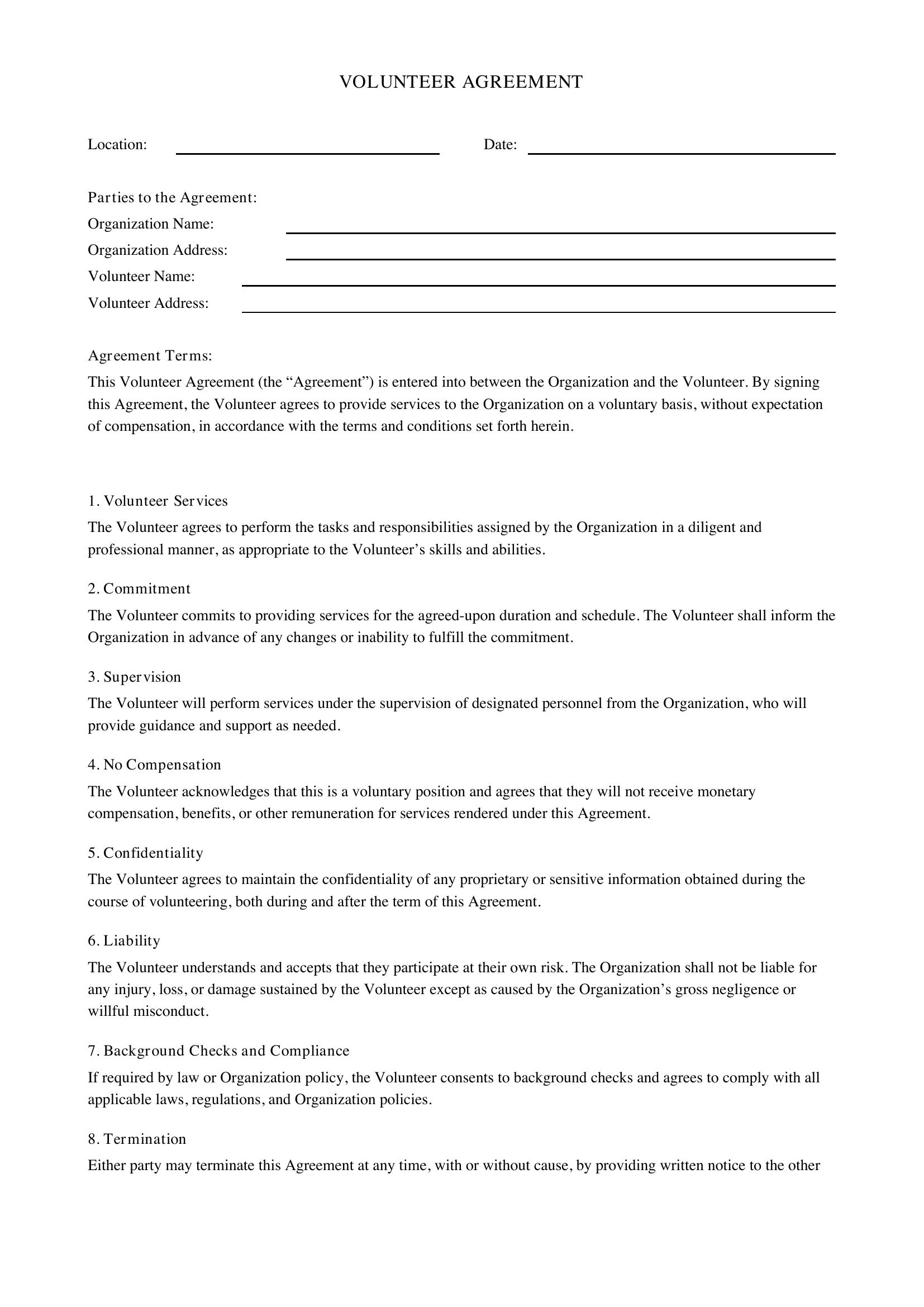 Volunteer Agreement Template - US