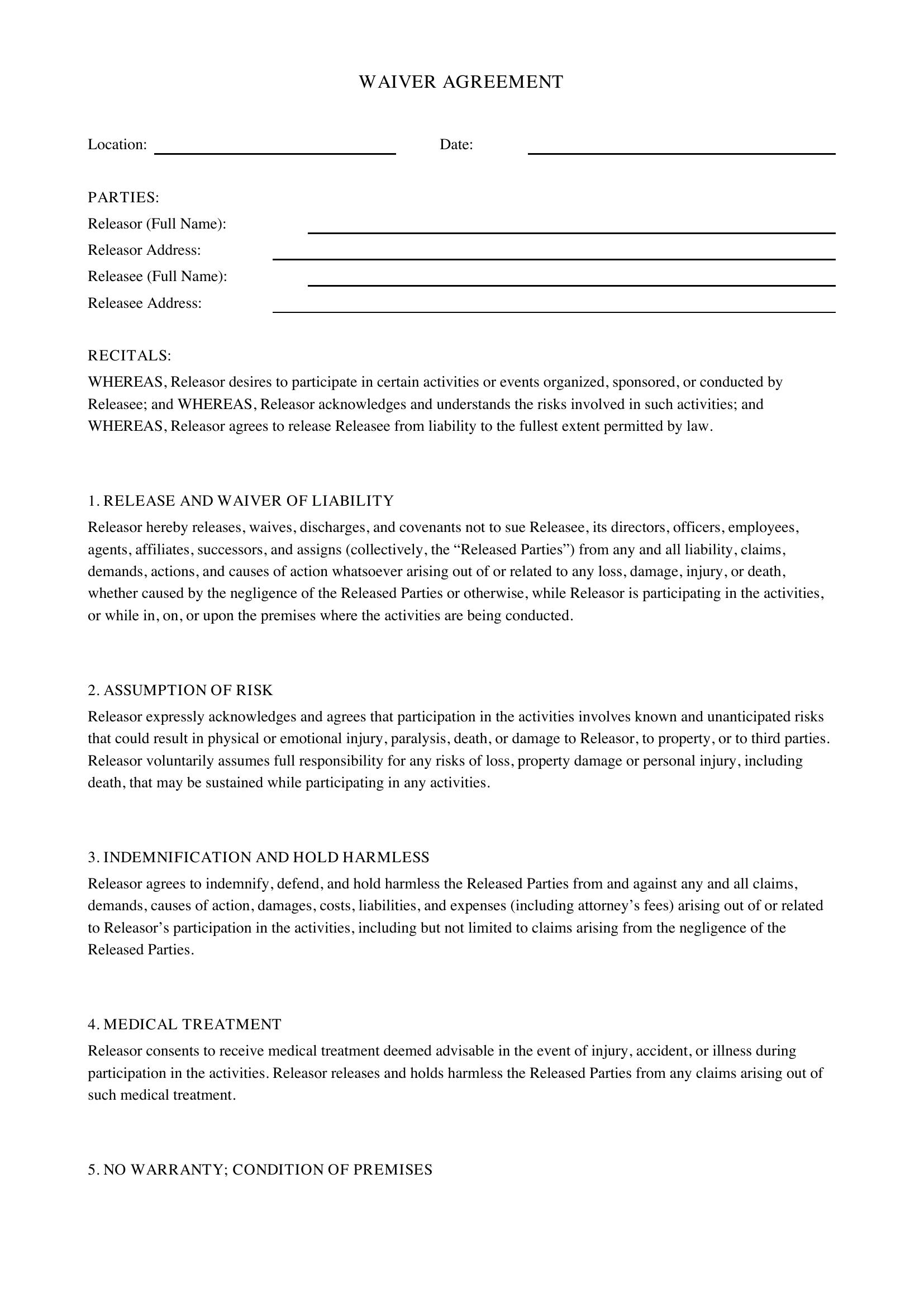 Waiver Agreement Template - US