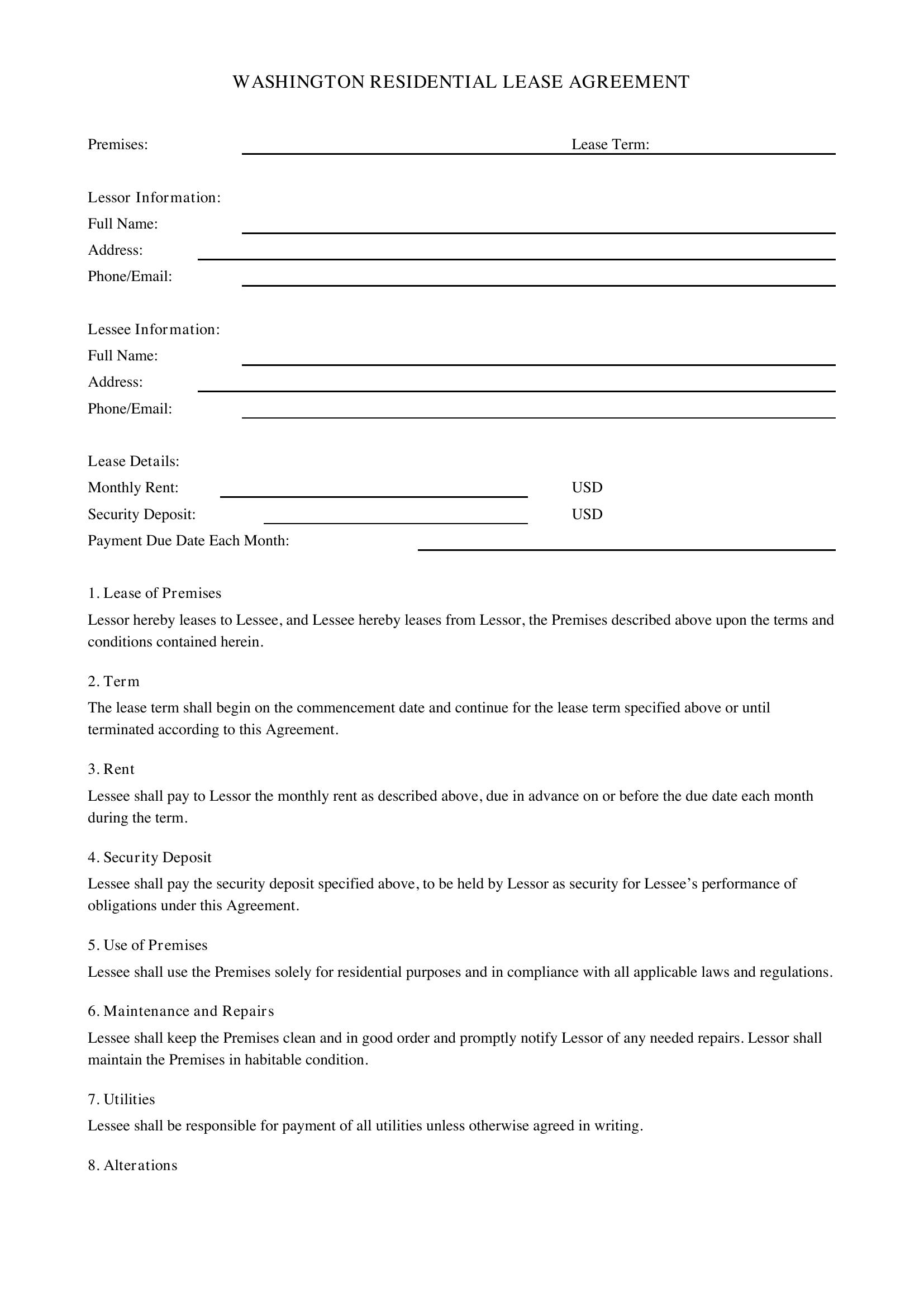 Washington Lease Agreement Template - US