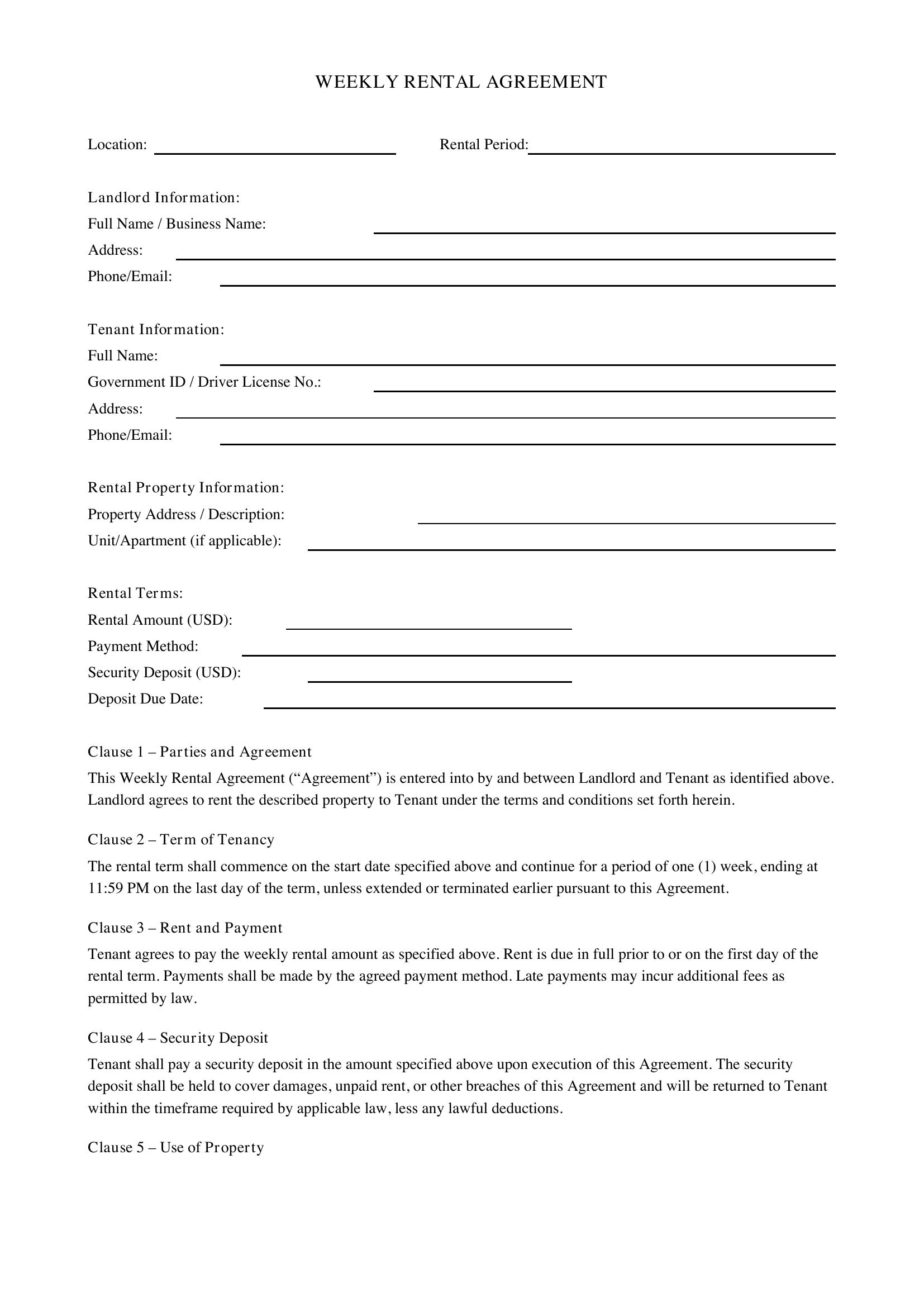 Weekly Rental Agreement Template - US
