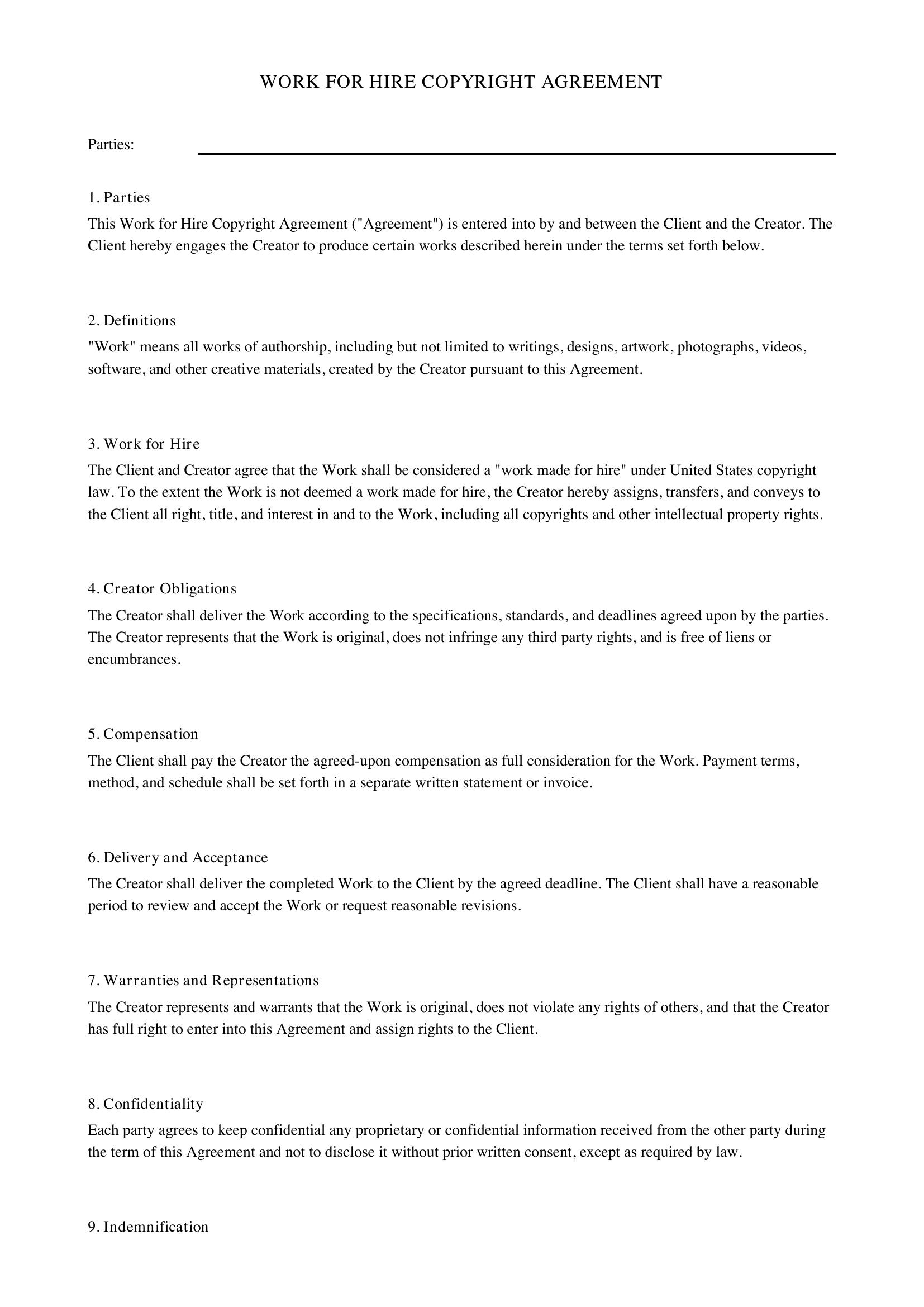 Work For Hire Copyright Agreement Template - US